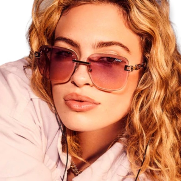 QUAY No Cap Sunglasses Gold Frame Pink Coral Fade Lens Oversized Rimless Chain - Picture 10 of 15